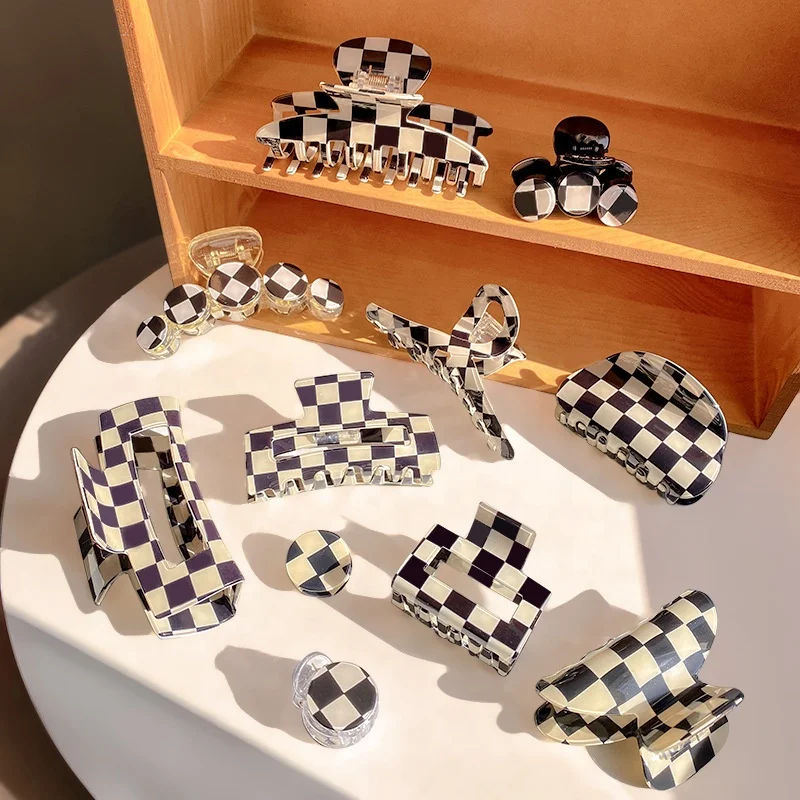 Fashion Women Hair Accessories sexy Black and White checkerboard Hair Claw large acrylic claw hair clips for girls