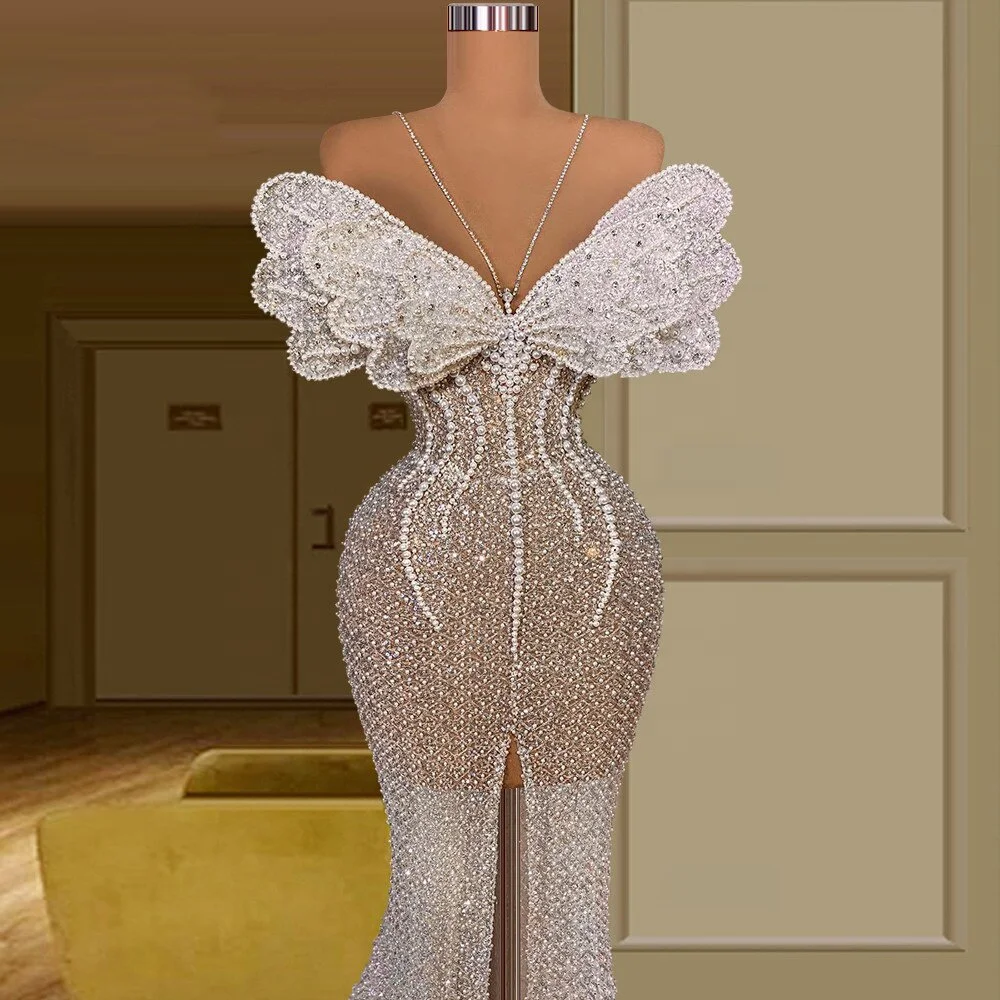 Lowime Luxury Arabic Party Dress Dubai Design Evening Dresses Long Sleeves Plus Size Customize Mermaid Beaded Pearls Prom Gowns