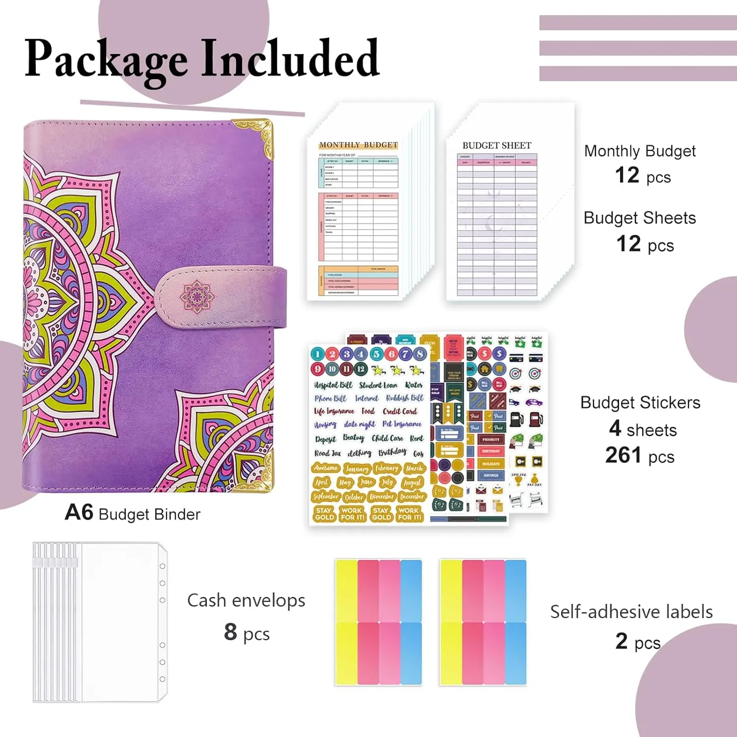 New Gift Quilted Leather Notebook Cover A4 A5 A6 6-Gold-Ring Wallet Budget Binder for Cards, Cash, Bills & Document