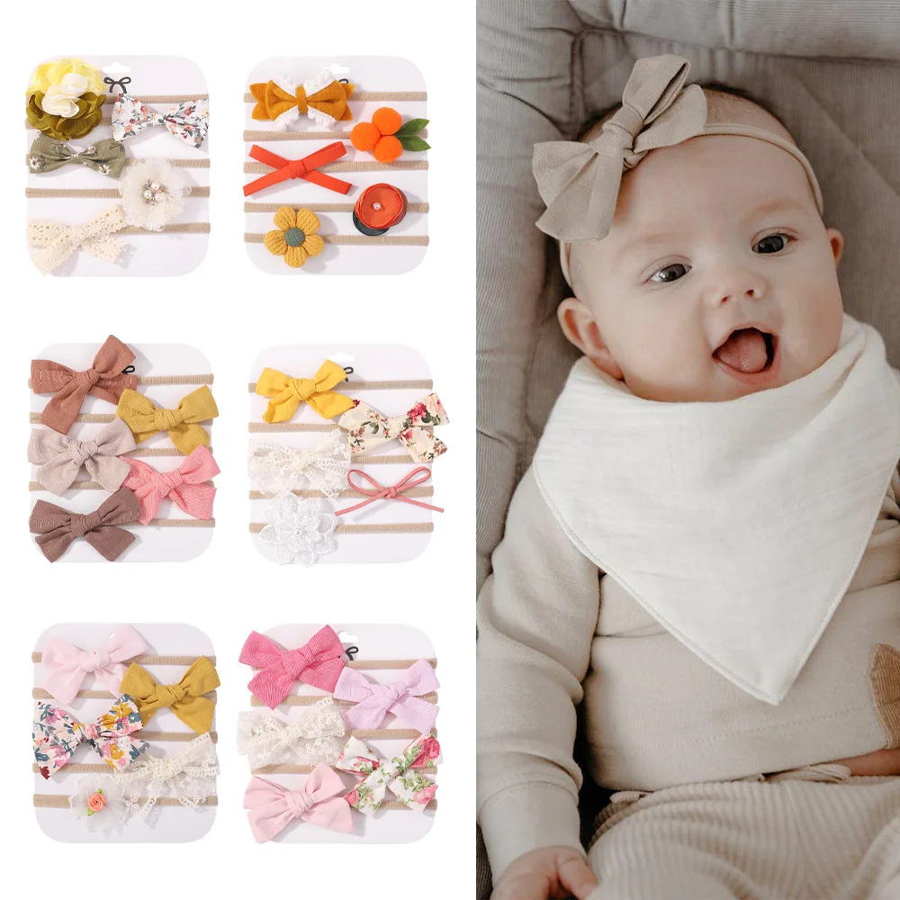 Popularity Newborn Baby Hair Accessories Flowers Bow Headband Set Cute Elastic Soft Nylon Baby Girl Bow Hairbands Headband