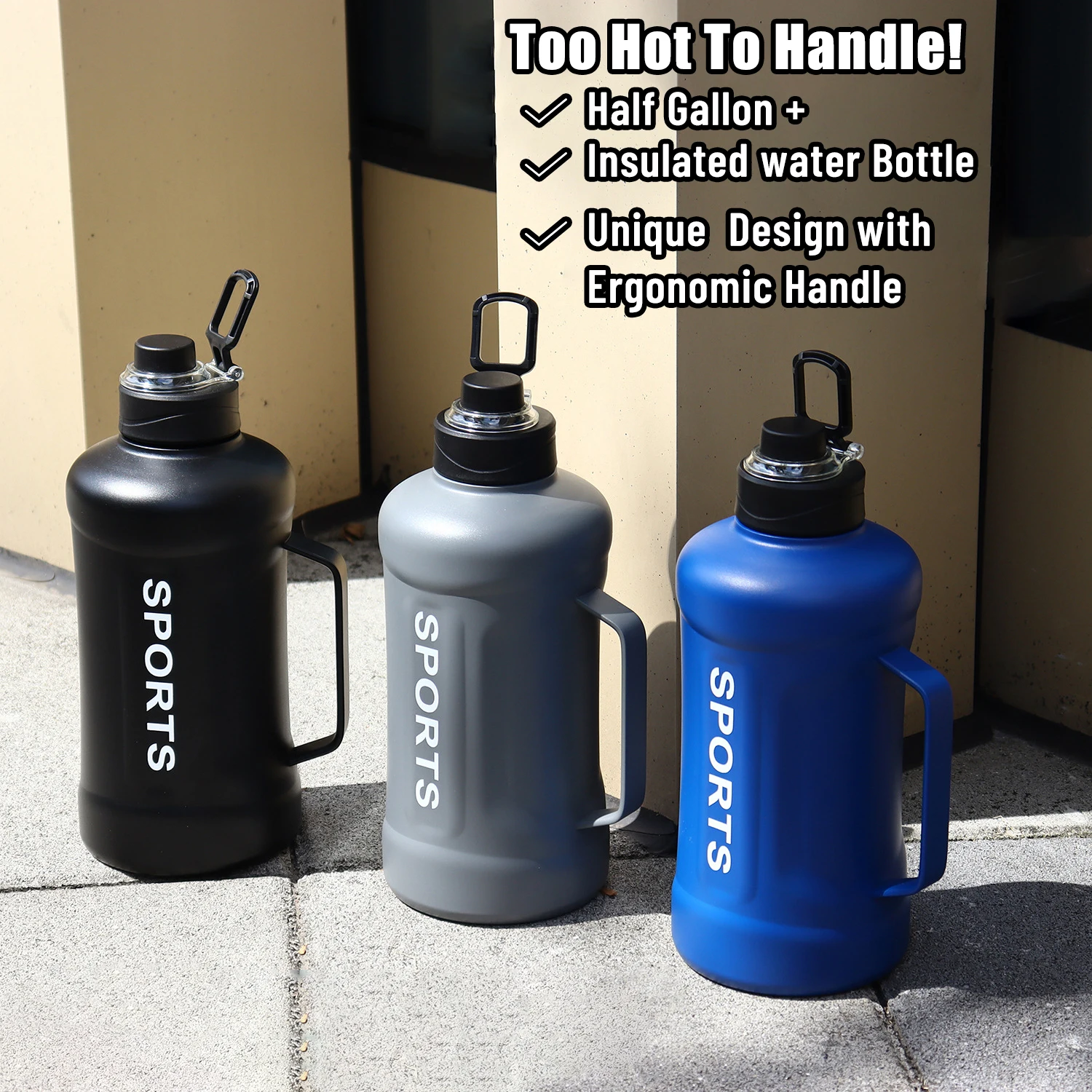 SS 316 BPA Free Leak Proof Stainless Steel Water Jug Half Gallon 64 oz Big Water Bottle with Handle for Gym Hiking Camp Travel