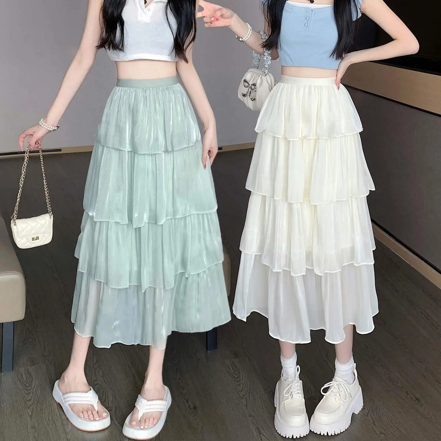 Women Summer Midi Long Bead Glossy Gauze Skirts Factory Price Girls Sweet Elastic Waist Mesh Cake Layered Dress Long Skirt