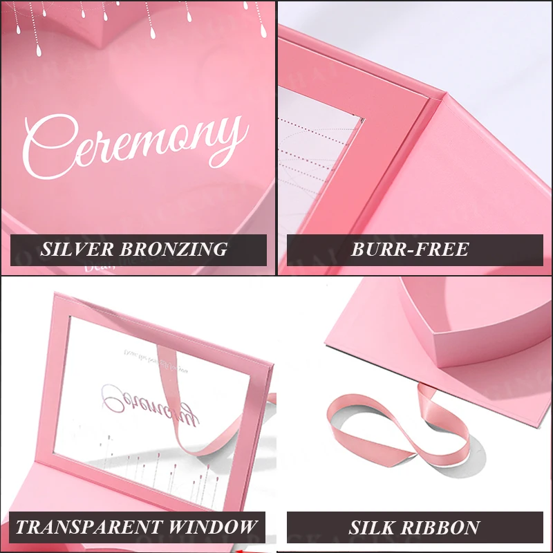 Custom Special Cardboard Packaging Boxes Clear Display Lid Flower Present Wrap Red Heart Shaped Gift Box with Transparent Window