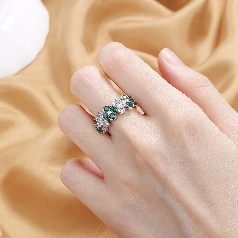 Light Luxury Crystal Silver Rings Micro Pave Diamond Emerald Ruby Rings For Women Party Wedding Jewelry