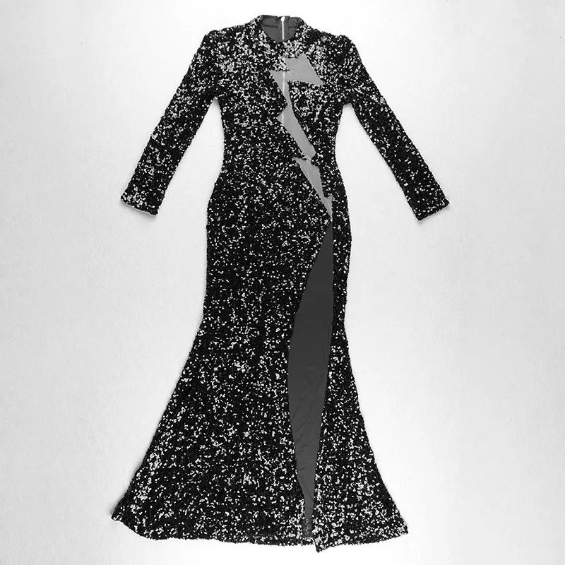 
A4571 Stylish Black O Neck Sequin Mesh Slit Dinner Dresses Ladies Long Ball Gown 