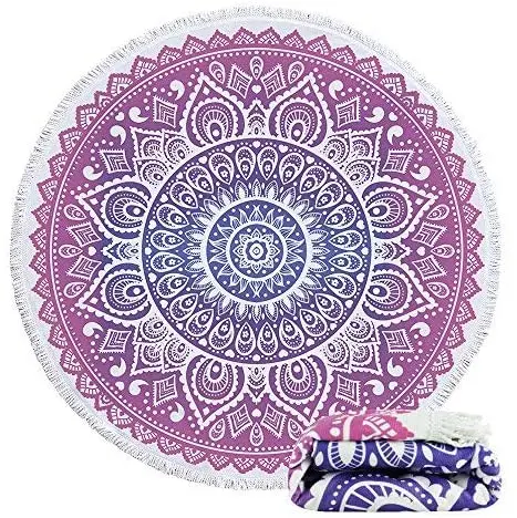 China supplier Custom100% cotton velour reactive printing mandala round roundie beach towel with white tassels