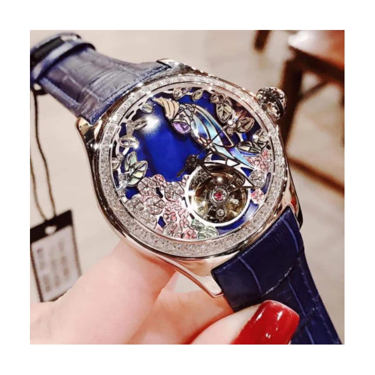 Luxury cow leather strap diamond skeleton waterproof lady mechanical  automatic watch