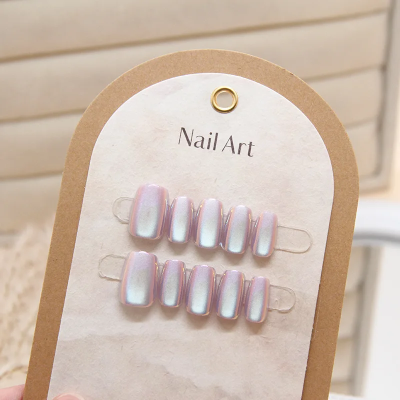 Wholesale 10pcs reusable cat eye chrome french 3D square short nude base wear nail art acrylic press on nails