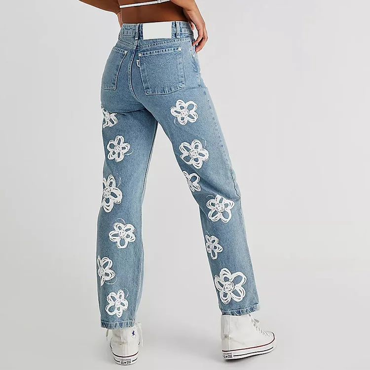 Cheap Price Printing Flower Women Light Blue High Waist Jeans Pants Tall Women Jeans For Wholesales