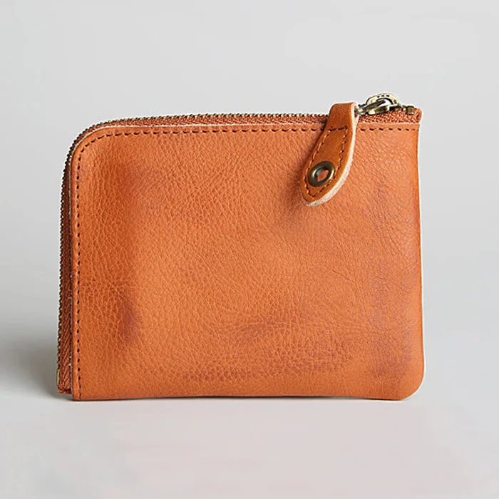 Vintage Handmade Genuine Leather Simple Cards Organize Wallet Small Coin Pouch Zipper Hand Purse
