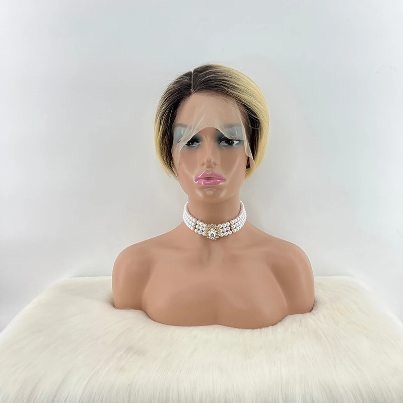 New Fashion 100% Natural Human Hair Lace Closure Perruque Pixie Cut Curls Short Bob Wigs