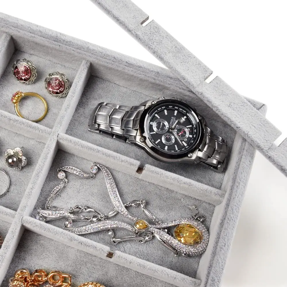 24 Grid Grey Stackable jewellery Organiser Box Velvet jewelry display trays