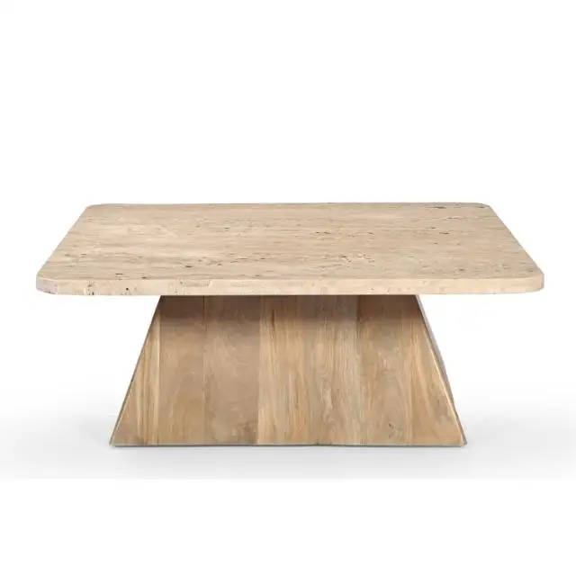 Square Travertine Game Table on Double Tapered Base Travertine marble & Mango wood Coffee Table Living Room Natural Stone
