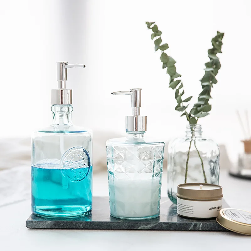 450ml glass blue hand sanitizer bottle with stainless steel pump dispenser for lotion