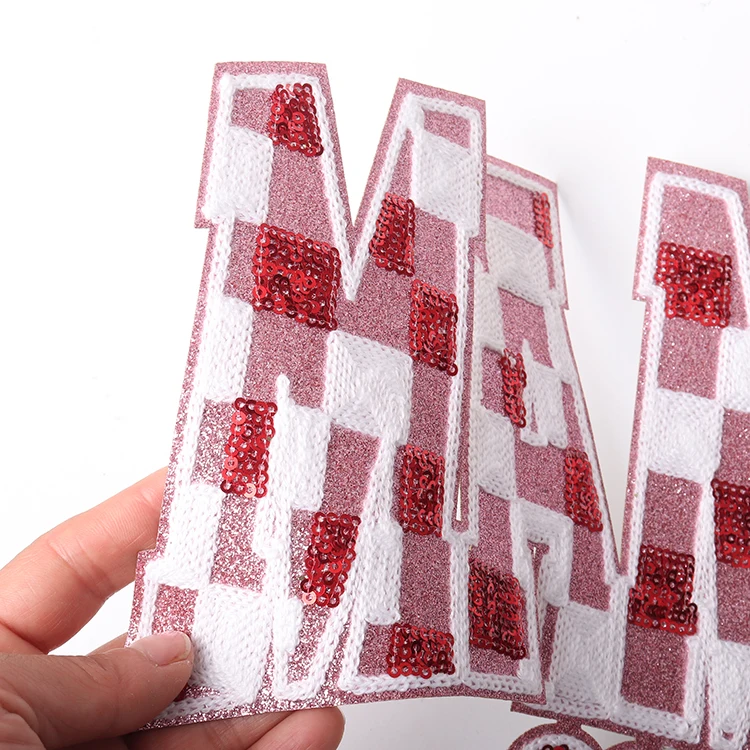New arrival mama clothes patches embroidery iron on big size red pink glitter chenille sequin mama checkered patch for shirt