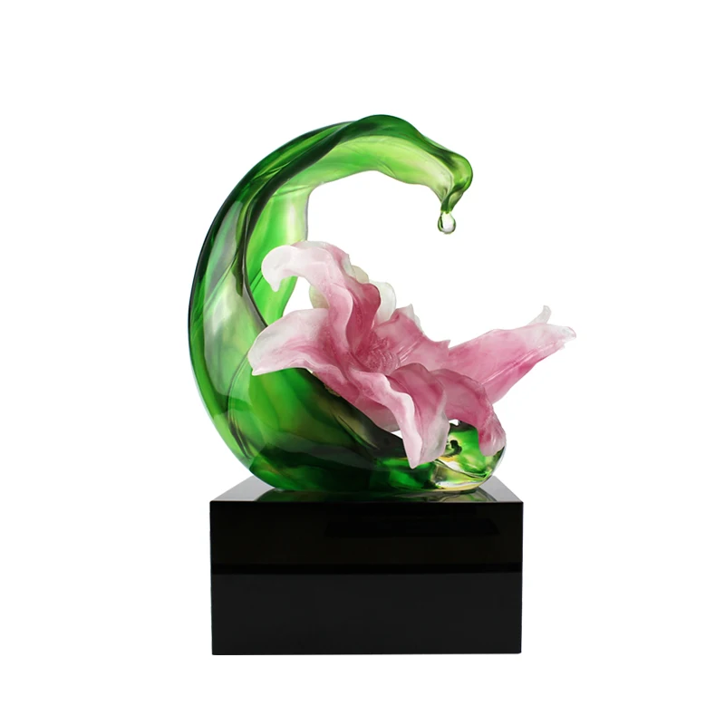 FENGMING Liuli Crystal Lily Sculpture Hand-Carved Figurine for Home Decor Elegant Flower Entrance Placement Artwork