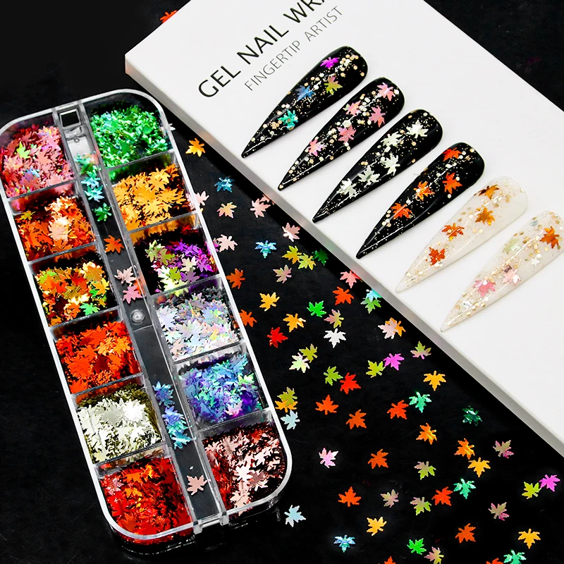 12 Grids Mixed Color Gradient Leaves Nail Art Decoration Glitter Powder Christmas Autumn Maple Nail Sequins