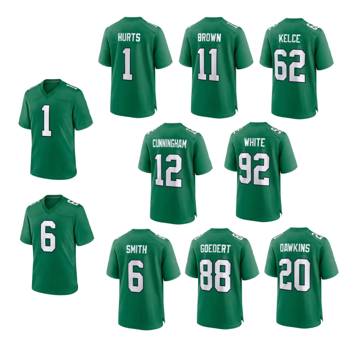 1 ялен болит 6 DeVonta Smith 62 Jason Kelce 12 Cunningham 20 Dawkin сшитые зеленые майки американского футбола