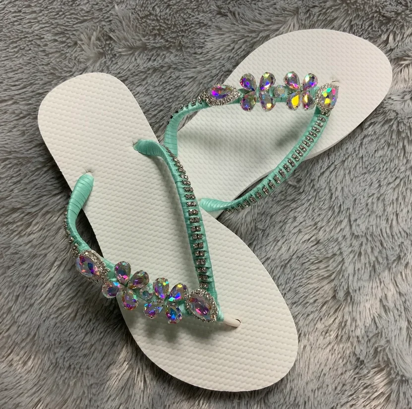 Bling bling gemstones rhinestone tie rope flip flop for girls woman flip flop white