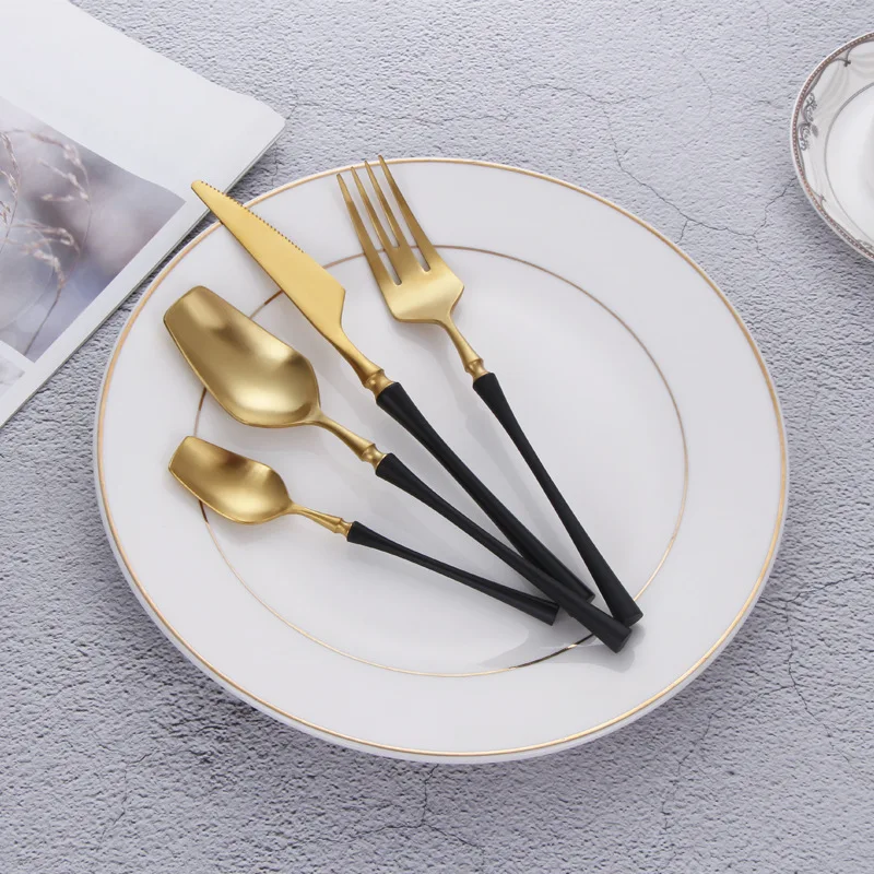 Promotion restaurant black handle gold flatware dinner set for wedding gift gold and black cutlery stainless steel cutlery