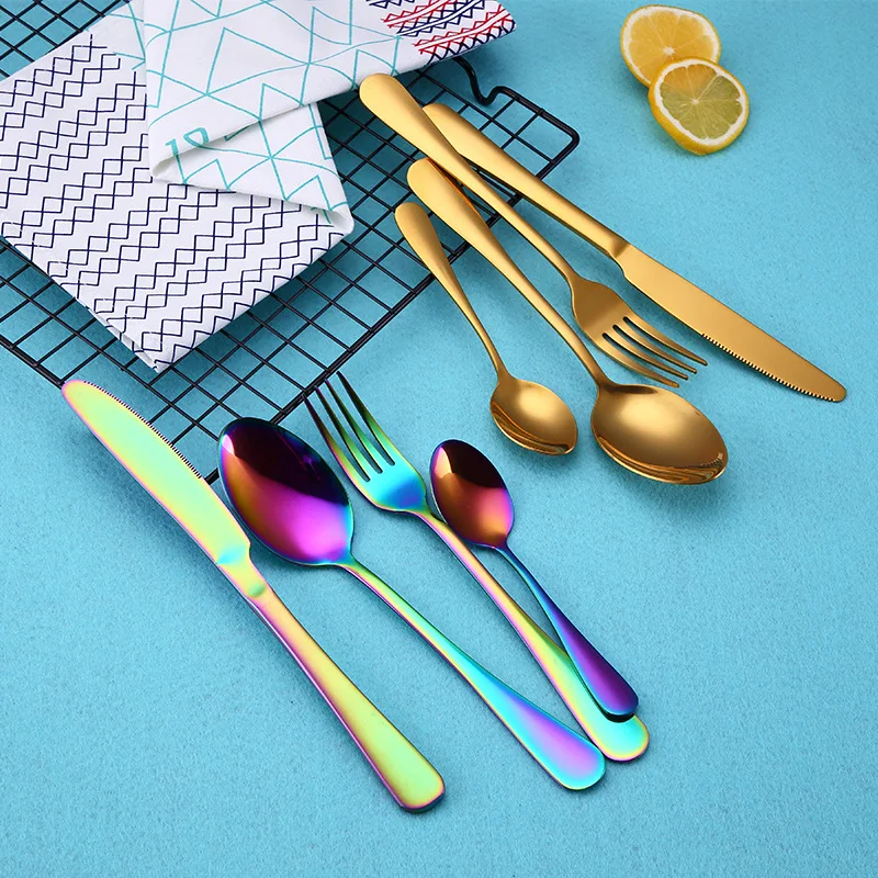 Reusable Stainless Steel PVD Plated Silver Rose Gold Black Colorful Cutlery Set