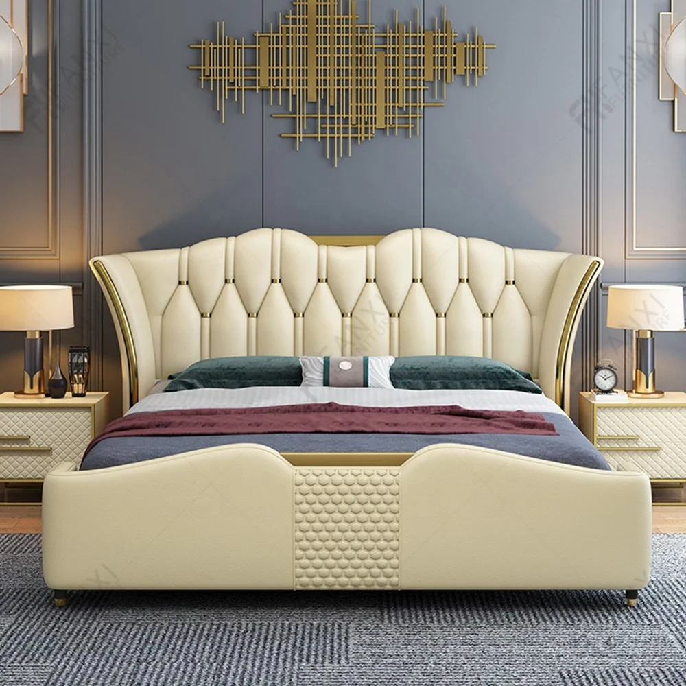 Wholesale luxury home bedroom furniture Italian hotel gold metal wooden beds king size leather headboard bed sheets