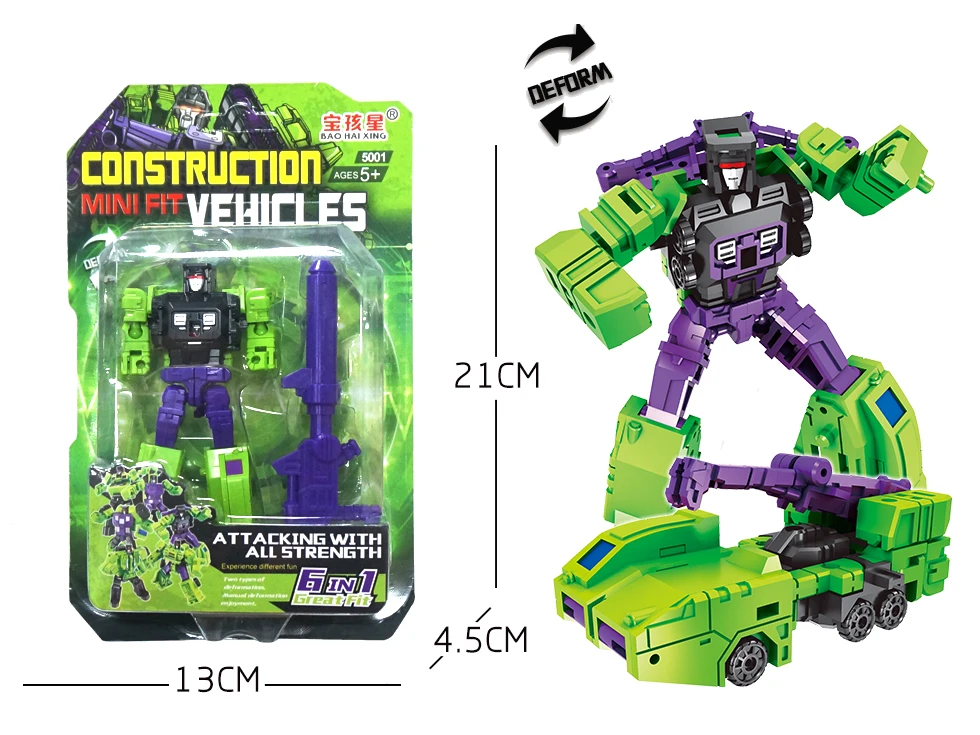 Green Color plastic Engineering Hybrid robot individual packaging 6 in 1 combination transform toy robot for kid