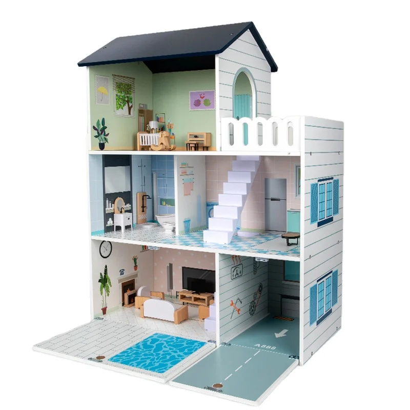 Wooden Simulation Princess Room Kids Pretend Play Toy Doll House DIY Kids Interactive DOLL House Building Game