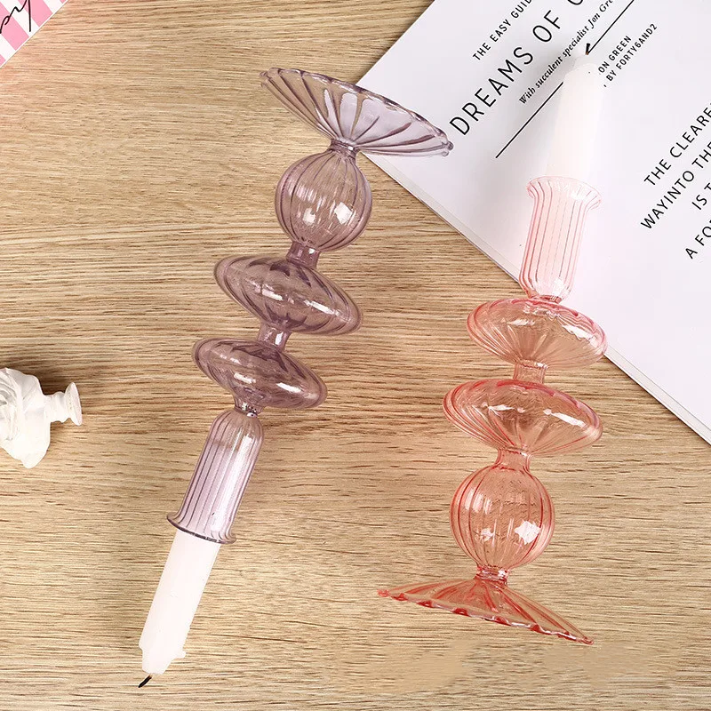 Huaming High Quality Rustic Luxury Home Wedding Party Decoration Unique Rotary Color Glass Table Scented Candle Stick Holder