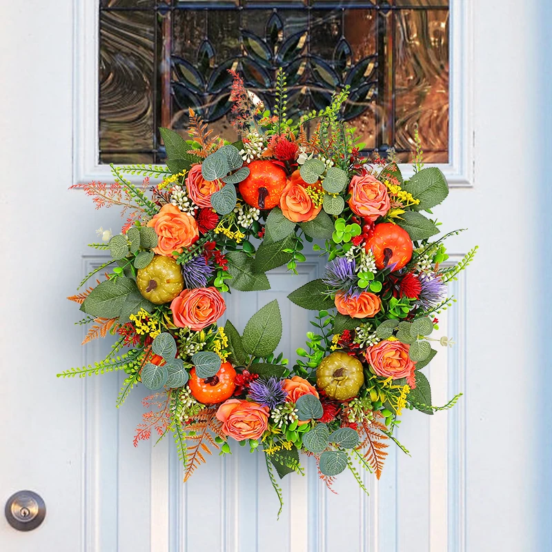 2024 Thanksgiving Wreath Harvestes Festival Vine Wreath Autumn Pumpkin Door Hanging Garden Decoration Winter Wreath Outdoor