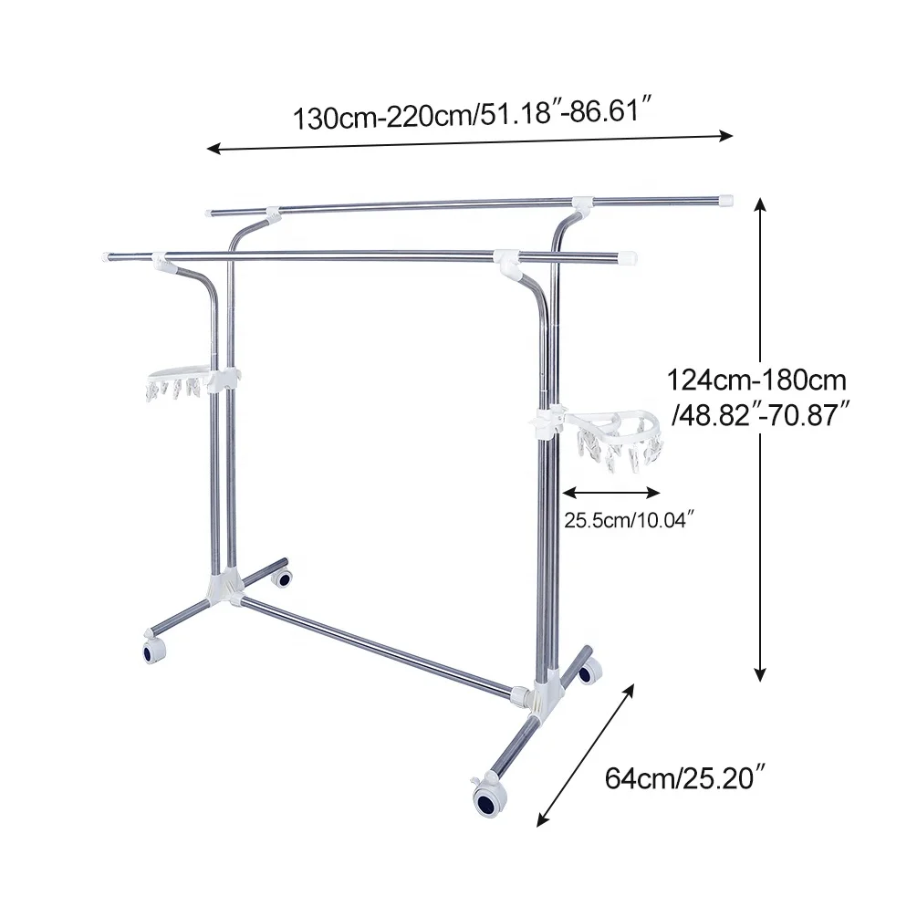 BAOYOUNI Movable Multi Functional Hanging Upright Clothes Telescopic Balcony Laundry Cloth Drying Stand Stainless Steel Rack
