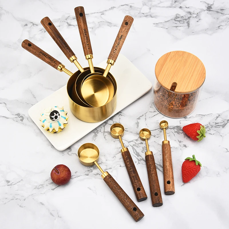 Kitchen Liquid Ingredient Baking Tool Pack 8 piece Walnut Wood Handle Rose Gold Stainless Steel Measuring Spoons and Cups Set