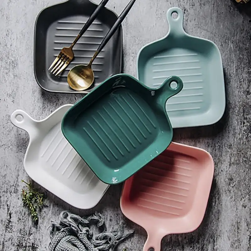 Nordic Breakfast Western Dish Square Baking Handle Porcelain High Quality Ceramic Plates
