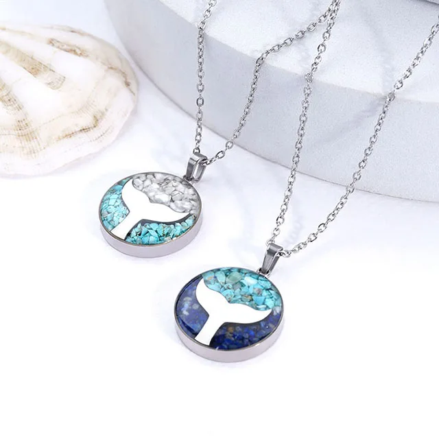 Custom Hawaiian Beach Lover Jewelry Stainless Steel Ocean Charm Gemstone White Howlite Turquoise Tail Circle Necklace