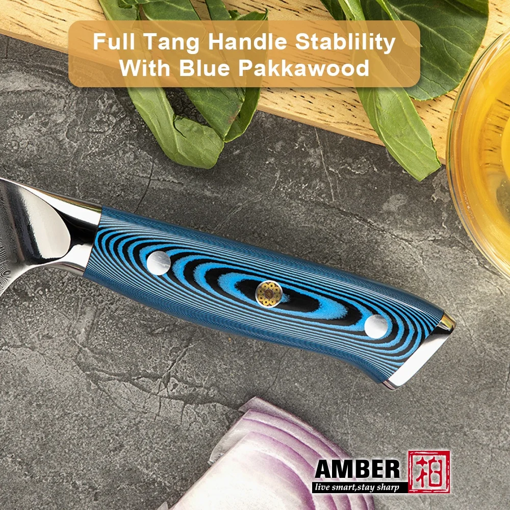 Yangjiang Amber Damascus Kitchen Knife Set with Blue Pakka Belle Wood Handle High Quality Knife Set