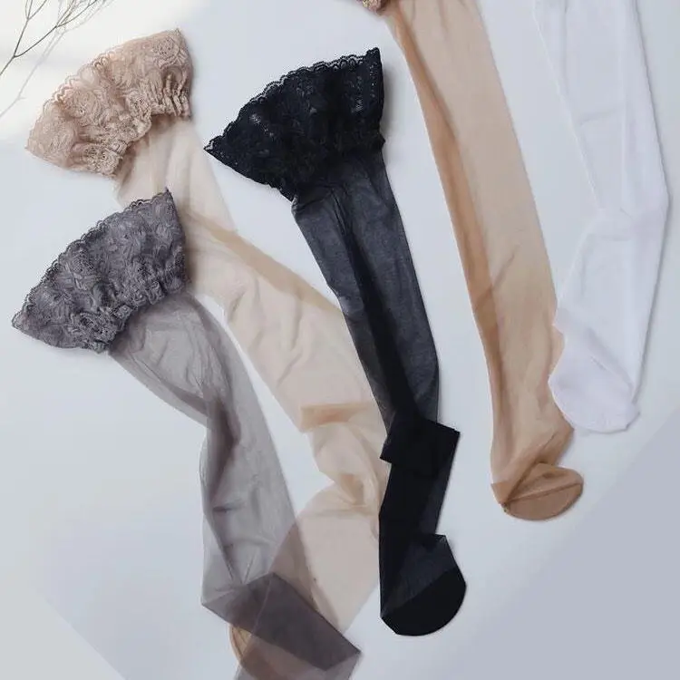 Plus Size Thigh High Stockings Sexy Lingerie Black Sheer Lace Top Hold Up Nylon Nightclubs Long Silk Stocking for Women