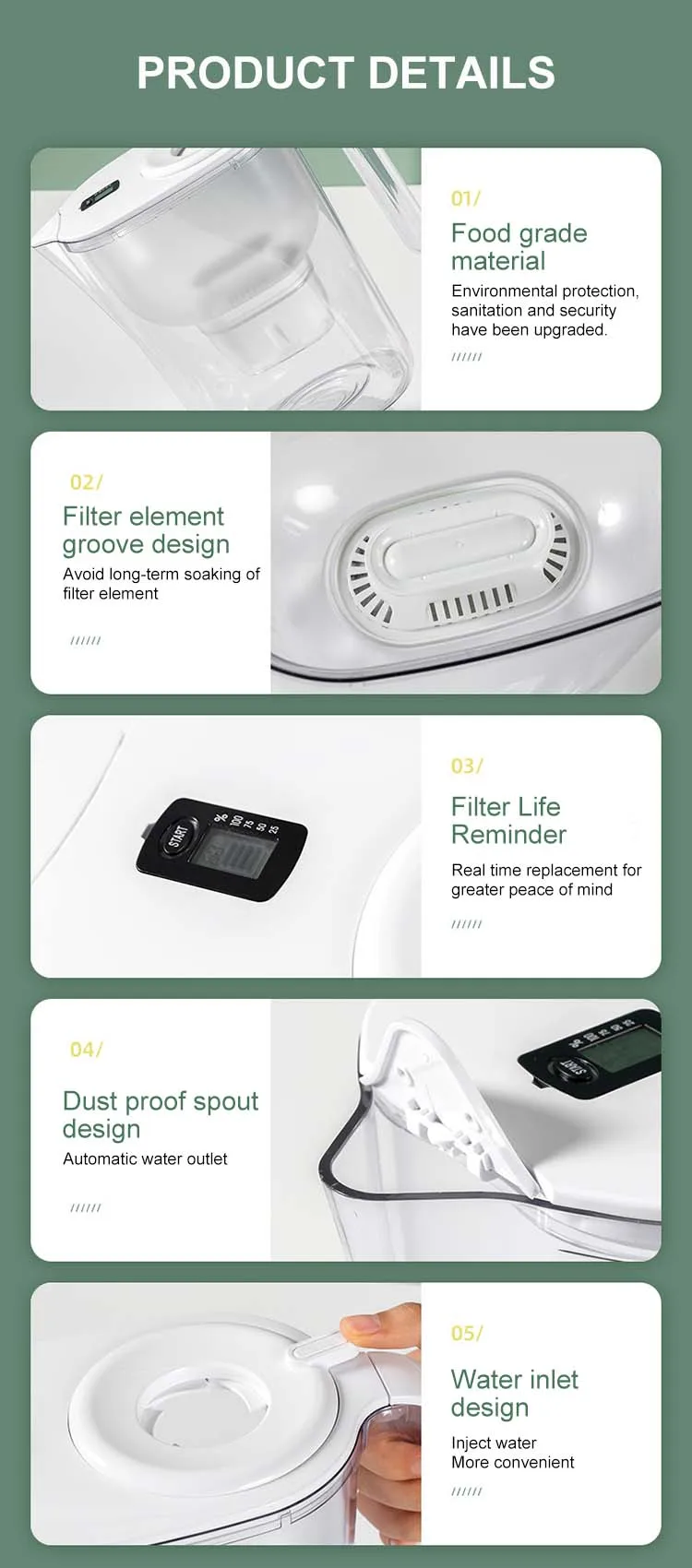 Food Grade Material 3.8L Large Capacity Long Life Filter Element 0.15L/Min Water Filter Pitcher