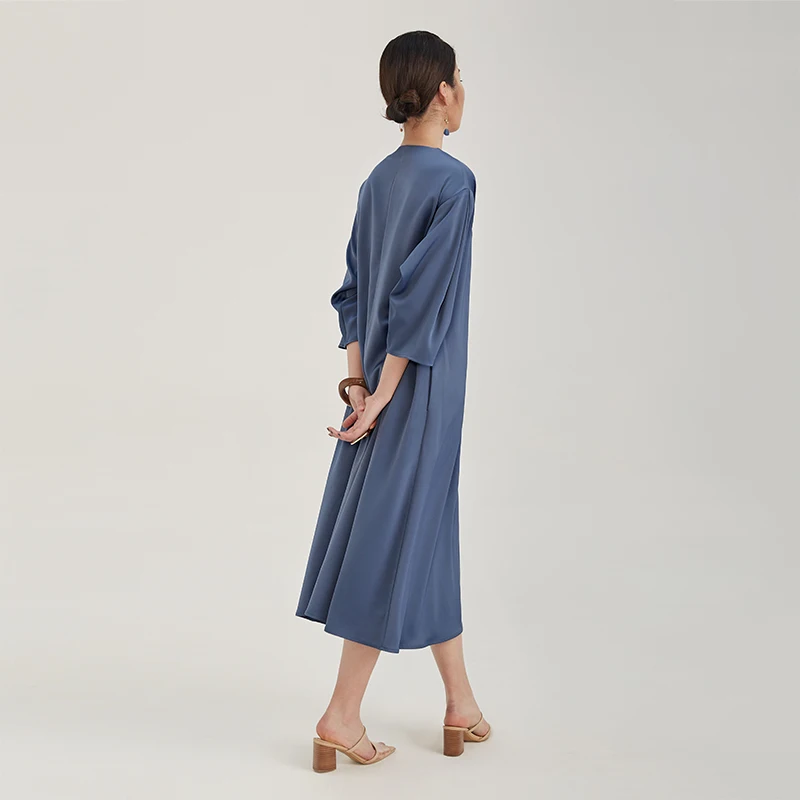 Fashion high end women royal blue belt 3/4 sleeve long satin dress with pockets