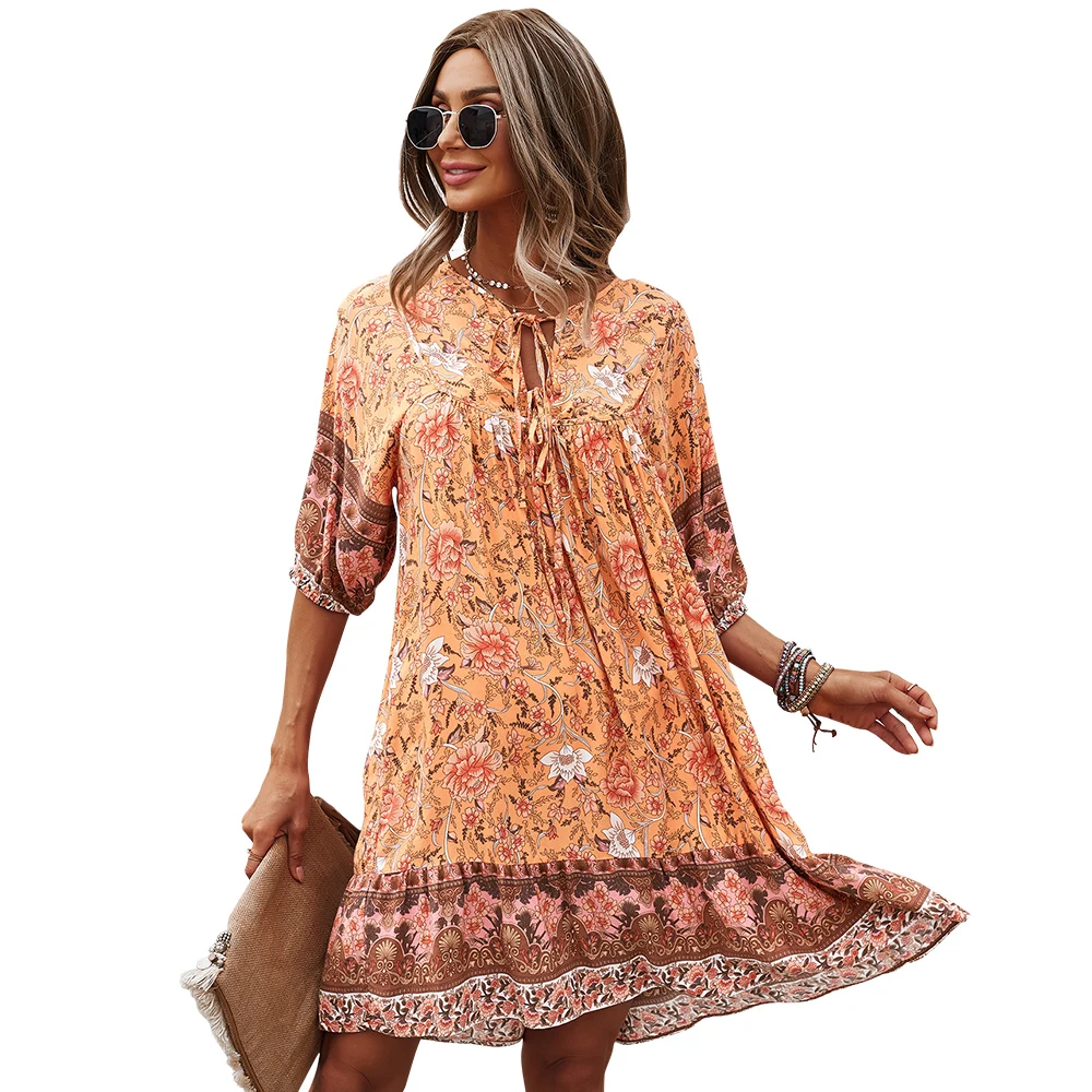 Custom Print Bohemian Dress Wholesale Dresses Women Floral Dress Boho Style