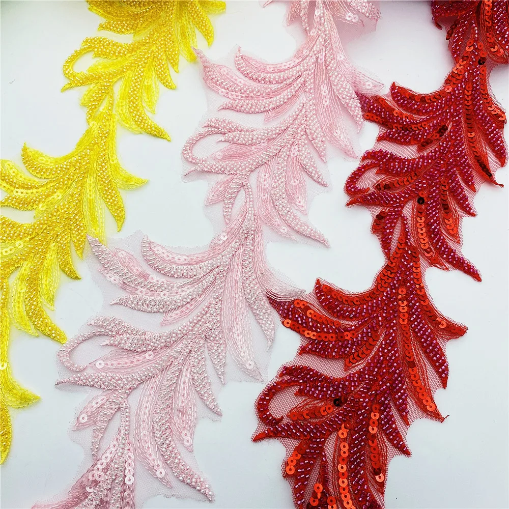 Hottest beaded sequin leaf lace with high quality tulle embroidery wedding dress lace fabric  bridal gown lace trim