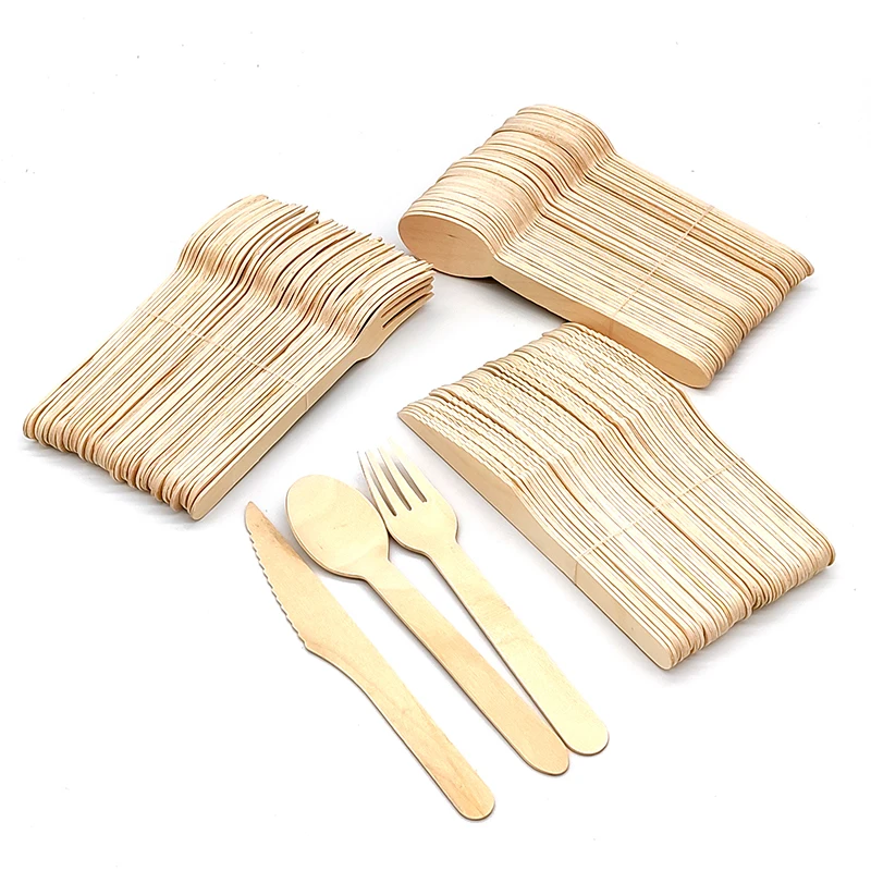 50pcs/150pcs Disposable Wooden Cutlery Forks/Spoons/Cutlers Knives Party Supplies Kitchen Utensil Dessert Tableware Packing 16cm