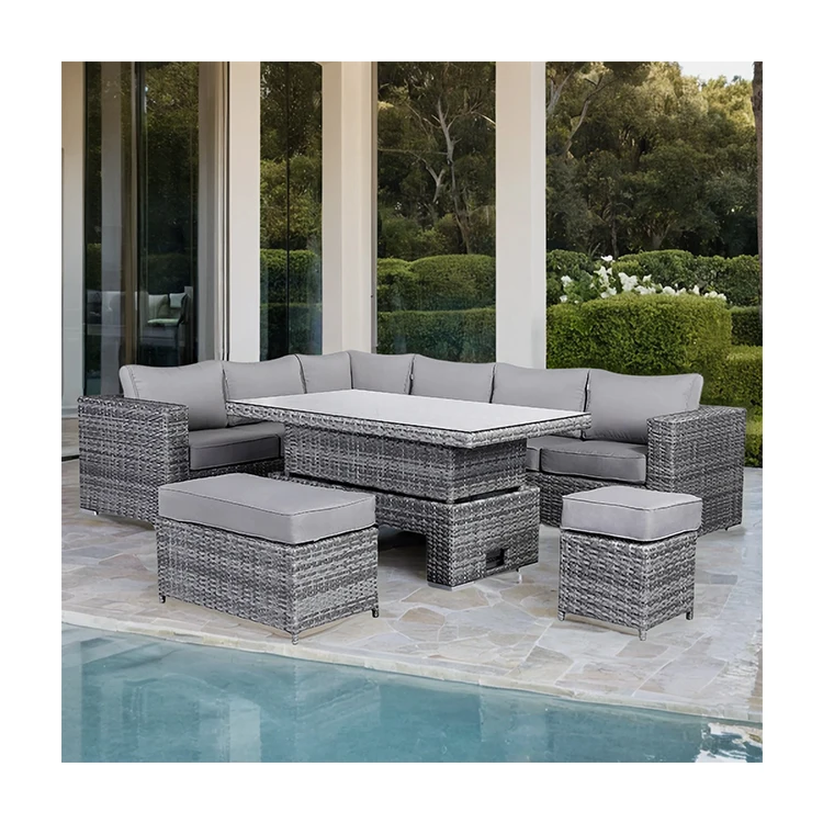 AJUNION Wicker Rattan Garden Set Sectional Garden Furniture Corner Outdoor Dining Sofa Set with Rising Table
