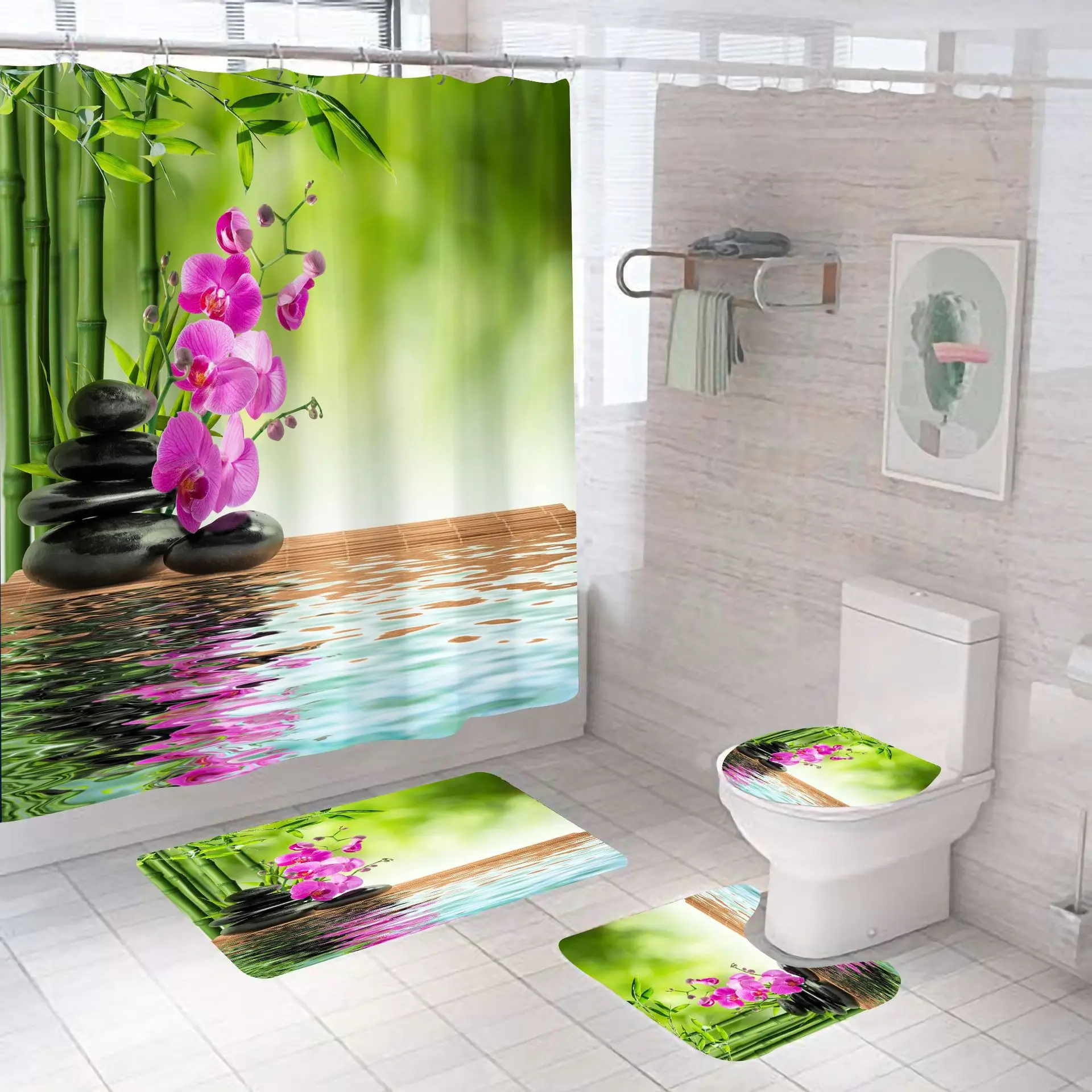 Designer Luxury Shower Curtains Hot selling 3D digital printing black stone bamboo custom print shower curtain