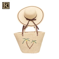 JAKIJAYI Brand SS20 Wholesale Ribbon Bow Summer Paper  Floppy  Ladies Straw Hat With Embroidery Starfish Straw Bag Set
