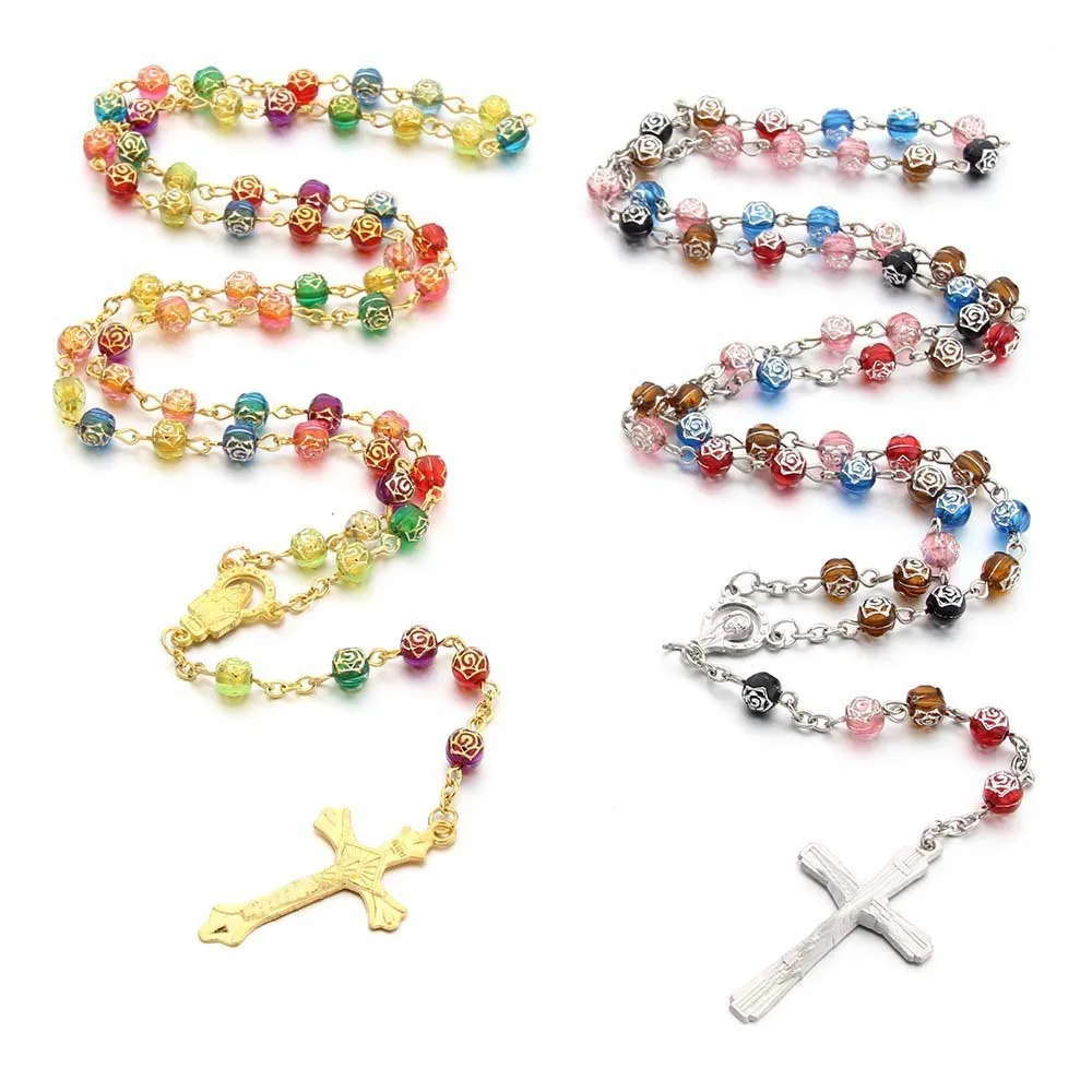 LC202403181 Wholesale Catholic  Rosary Necklace  Religion Prayer Plastic Bead Cross Rosary Necklace Catholicism