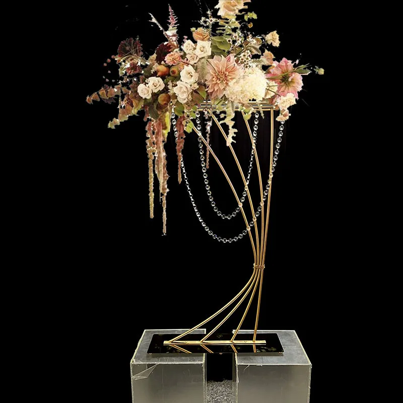 83cm tall gold metal flower stand with bead wedding table flower stand pillar display wholesale centerpiece wedding decoration