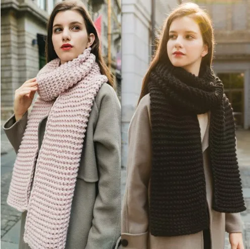 Women Warm Winter Knitting Acrylic Scarf Solid Color Coarse Woolen Warm Wild Long Acrylic Scarf