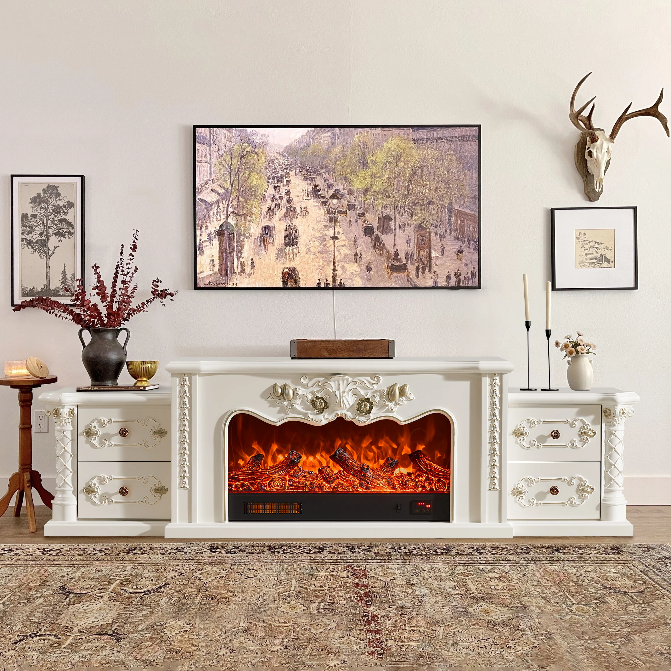 French Style Wood Furniture Wooden Indoor Used Electric Fireplace Mantel Freestanding Tv Cabinet Fireplace Tv Unit