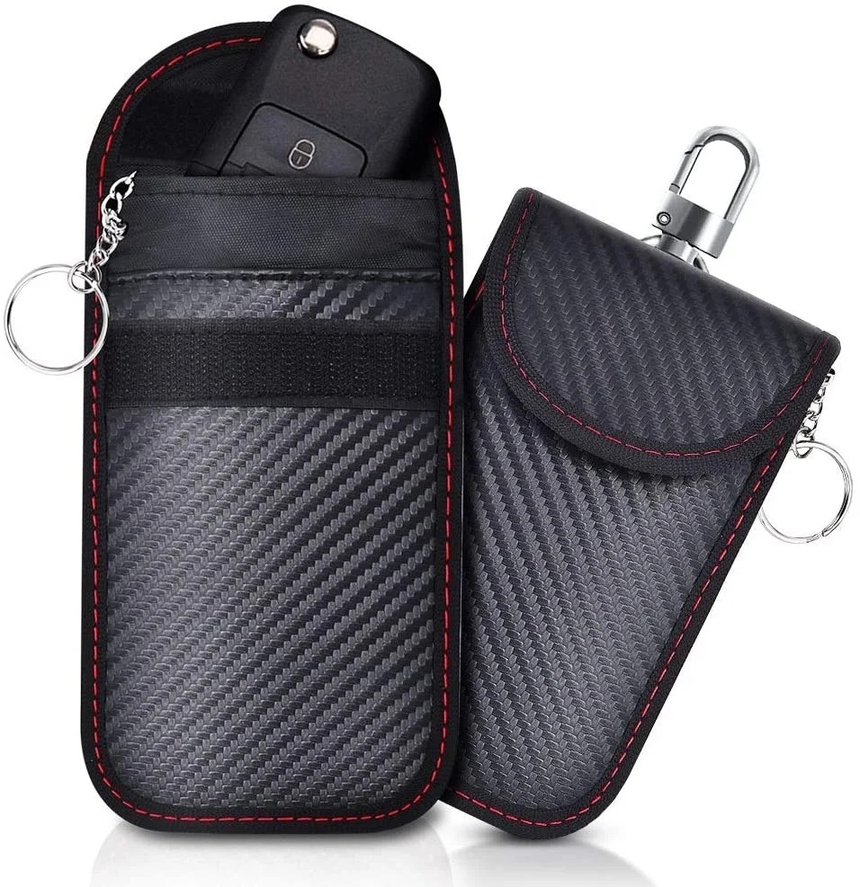 2022 New Custom Carbon Fiber Leather RFID Car Key Signals Blocker Case with key hook keyless car theft Pouch Bag