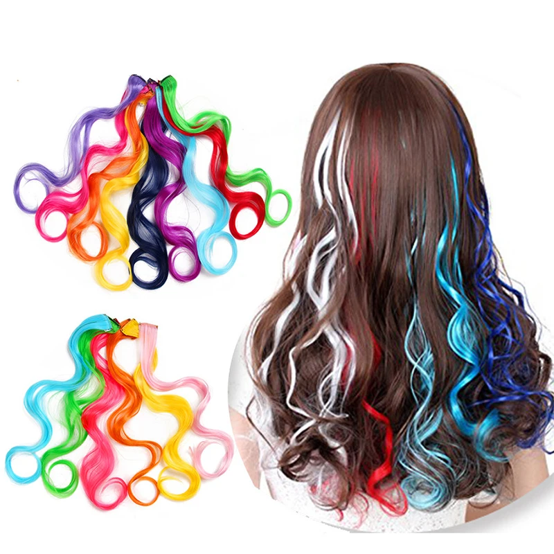 
Hot Selling Long Synthetic Hair Extension Wavy Hair Clip Fiber 20 inch Rainbow Hair piece 